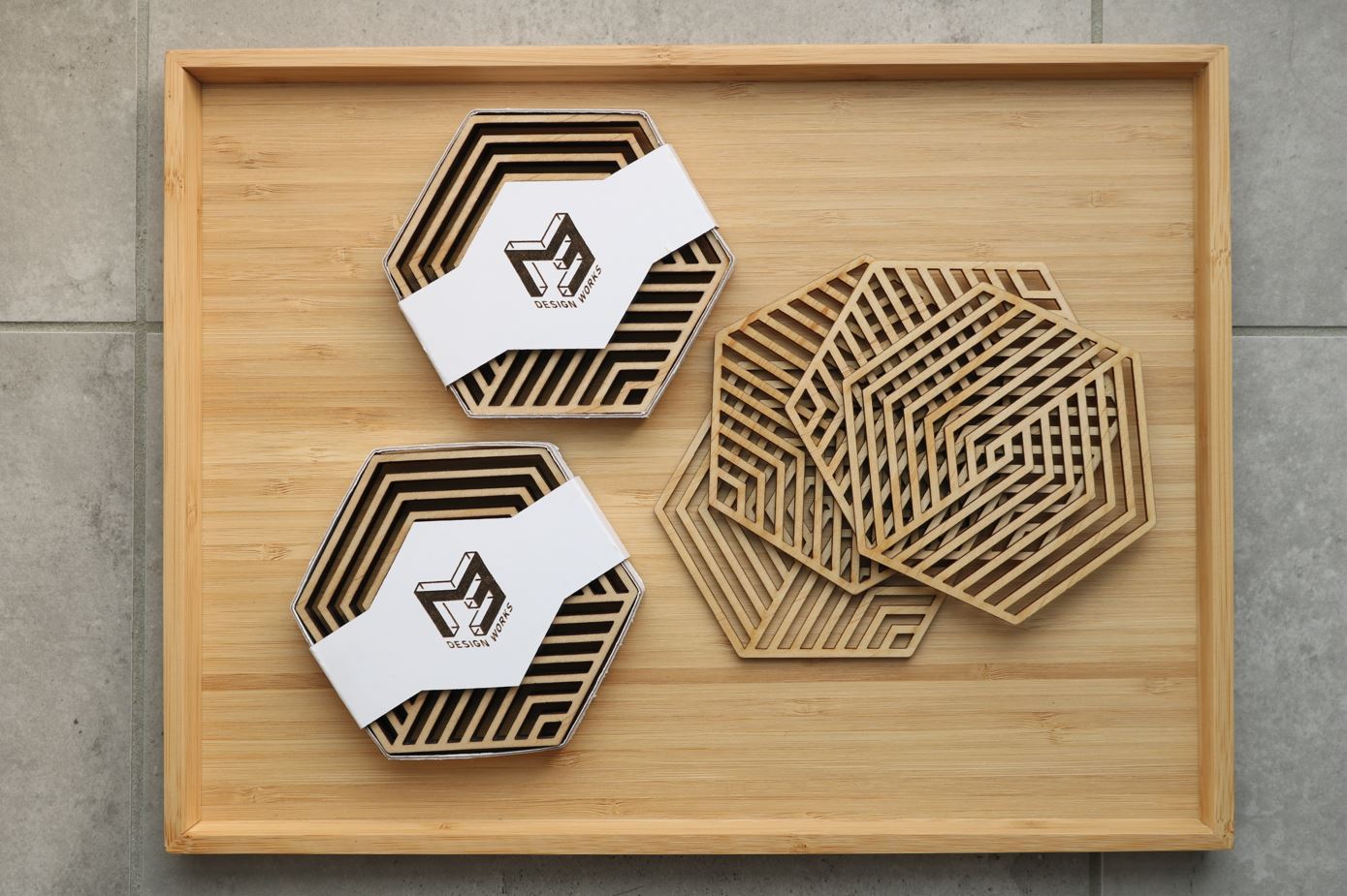 Modern Geometric Wood Coasters (Set of 4: HEX/ONE)