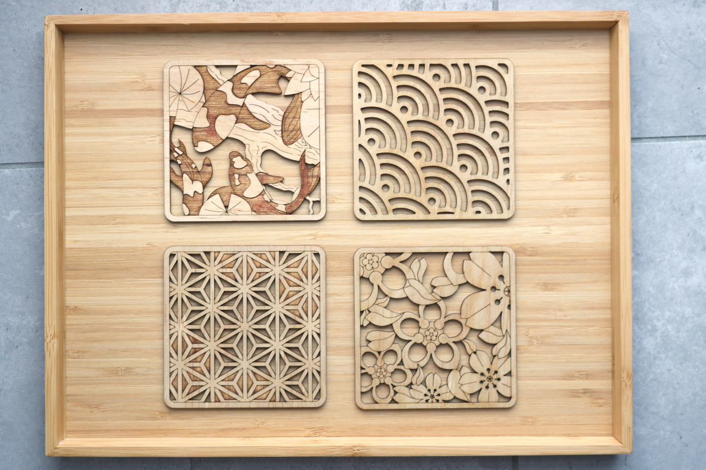 Japanese Style Modern Wood Coasters (Set of 4: Japanese Garden)