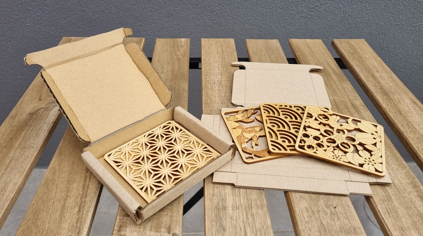 Japanese Style Modern Wood Coasters (Set of 4: Japanese Garden)