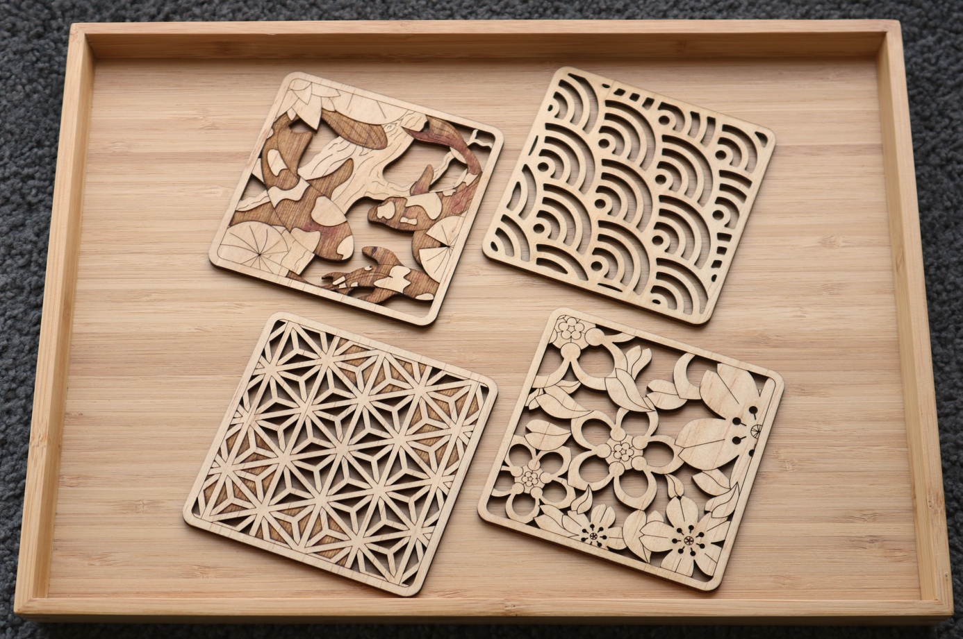 Japanese Style Modern Wood Coasters (Set of 4: Japanese Garden)