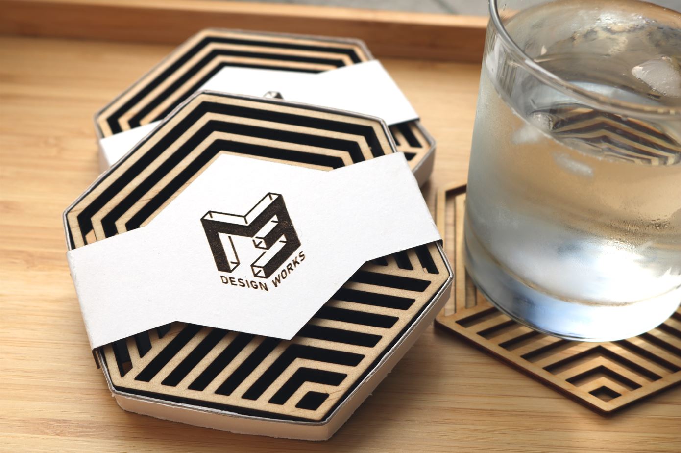 Modern Geometric Wood Coasters (Set of 4: HEX/ONE)