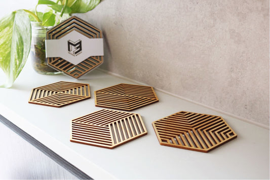 Modern Geometric Wood Coasters (Set of 4: HEX/ONE)