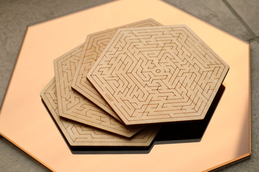 Hexagonal Maze Pattern Wood Coasters (Set of 4: Hex/Maze)