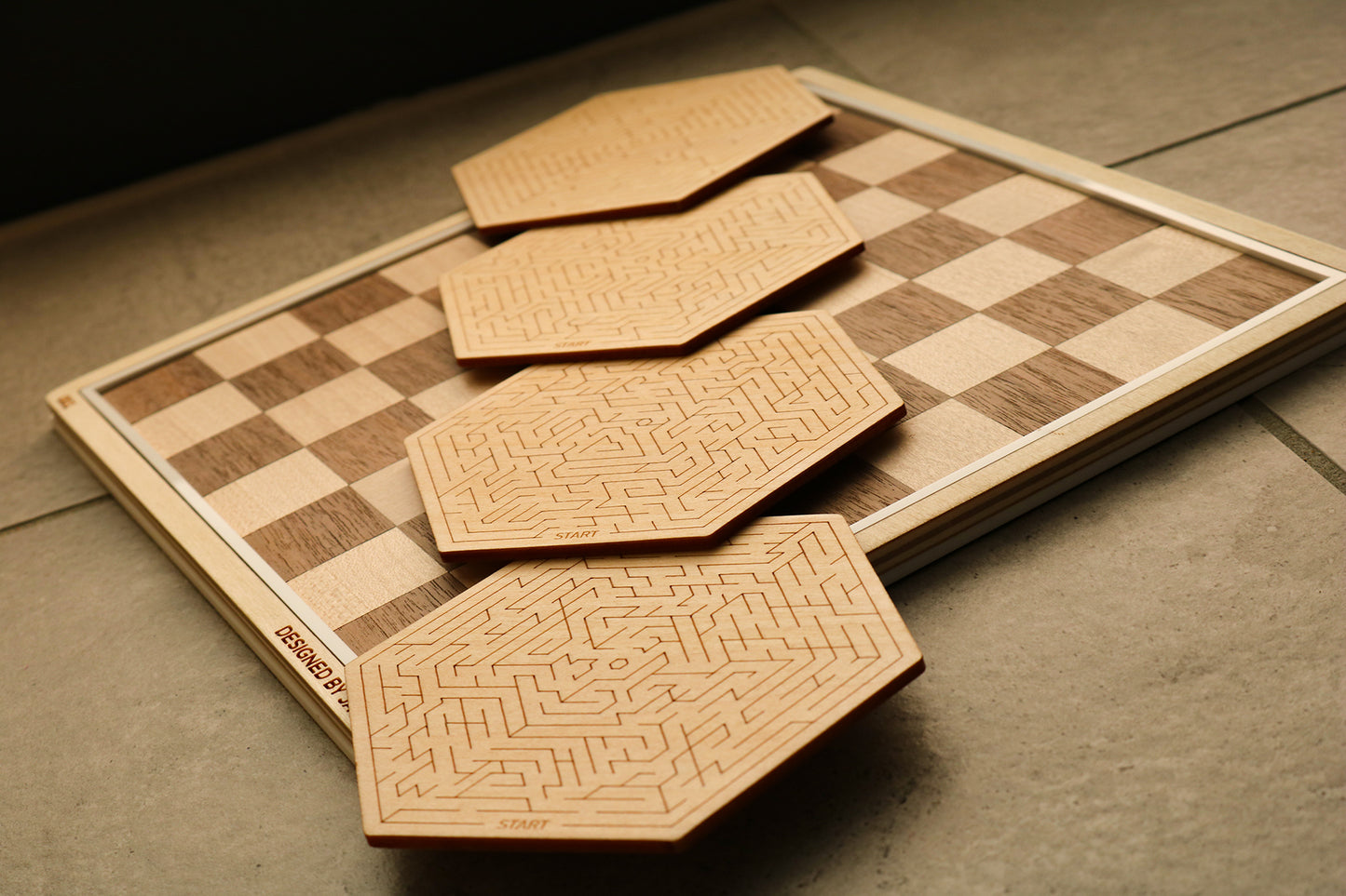 Hexagonal Maze Pattern Wood Coasters (Set of 4: Hex/Maze)