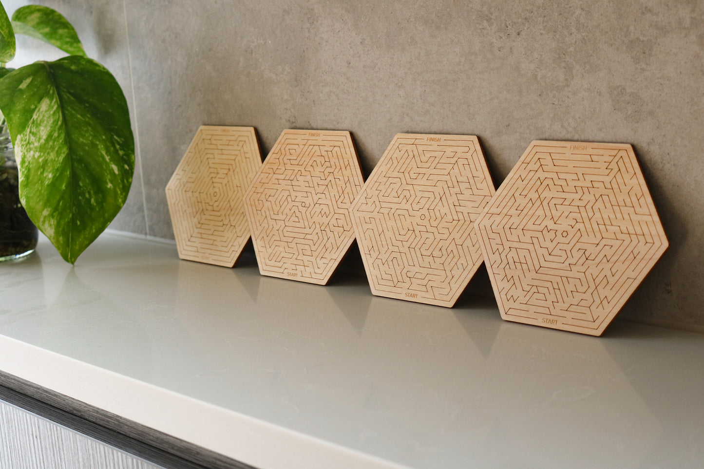 Hexagonal Maze Pattern Wood Coasters (Set of 4: Hex/Maze)