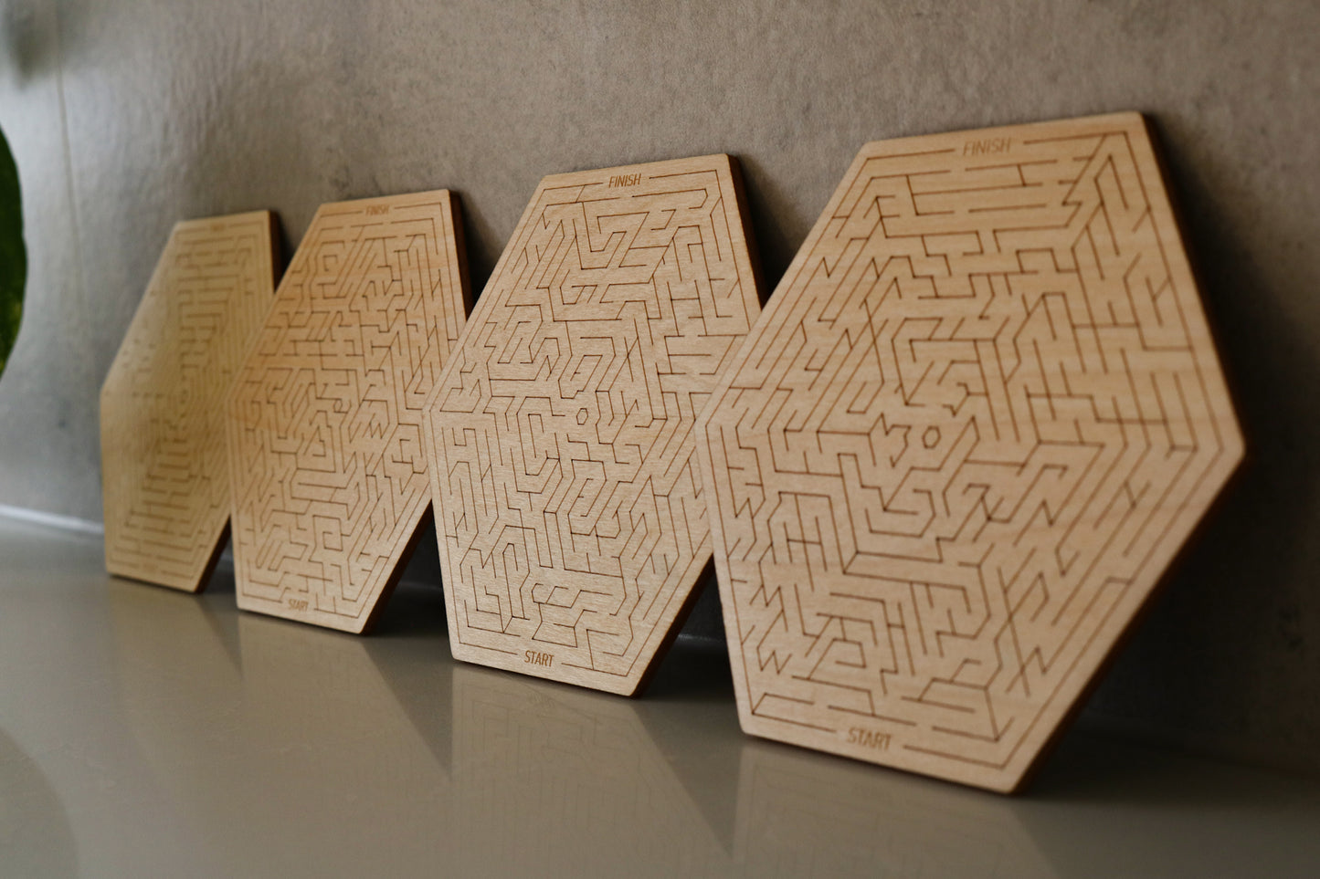 Hexagonal Maze Pattern Wood Coasters (Set of 4: Hex/Maze)